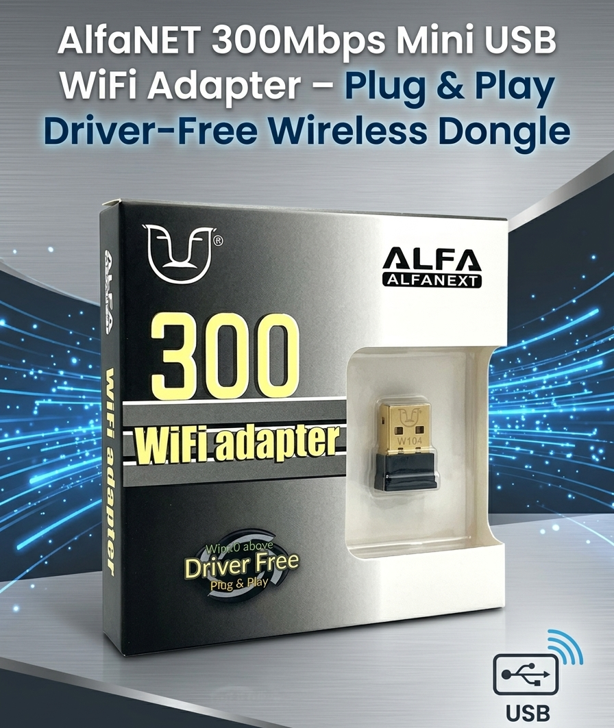 AlfaNET 300Mbps Mini USB WiFi Adapter – Plug & Play Driver-Free Wireless Dongle main AlfaNET 300Mbps Mini USB WiFi Adapter – Plug & Play Driver-Free Wireless Dongle - Image 1