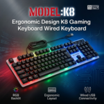 K8 Ergonomic Wired Gaming Keyboard - Full Size Quiet Computer Keyboard with Wrist Rest for Windows & Mac