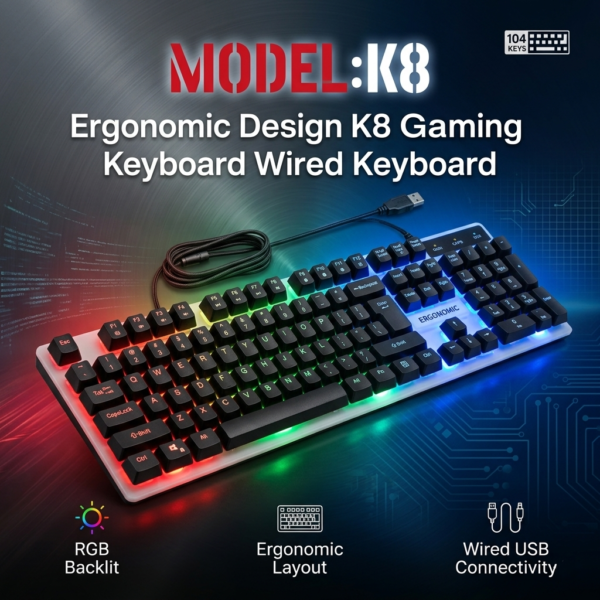 K8 Ergonomic Wired Gaming Keyboard - Full Size Quiet Computer Keyboard with Wrist Rest for Windows & Mac