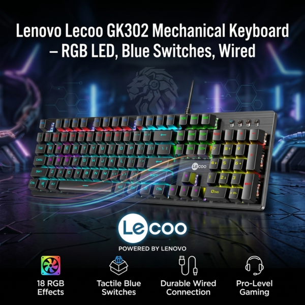 Lenovo Lecoo GK302 Mechanical Keyboard – RGB LED, Blue Switches, Wired