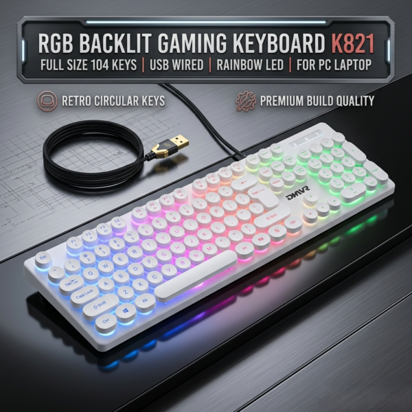 RGB Backlit Gaming Keyboard K821 Full Size 104 Keys | USB Wired | Rainbow LED | For PC Laptop