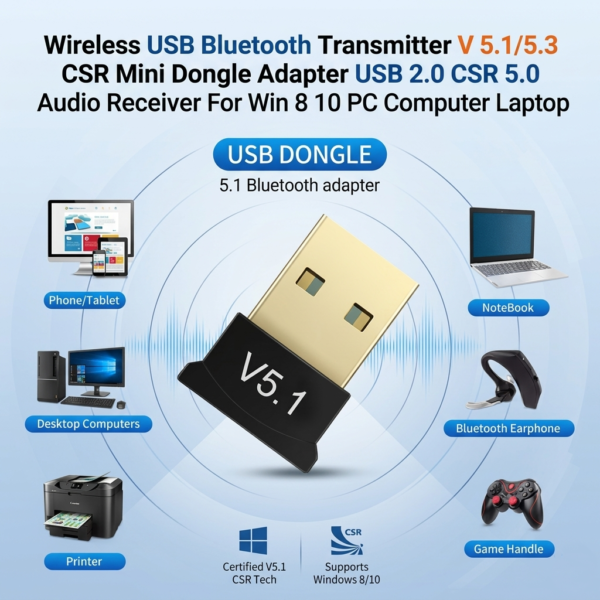 Wireless USB Bluetooth Transmitter V 5.1/5.3 CSR Mini Dongle Adapter USB 2.0 CSR 5.0 Audio Receiver For Win 8 10 PC Computer Laptop