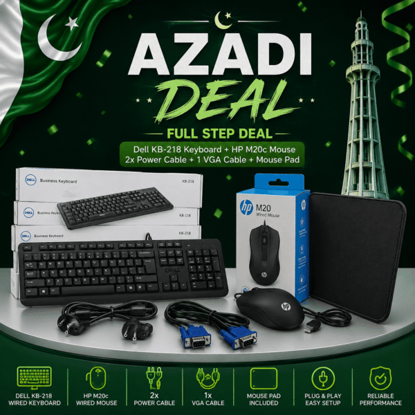 Azadi Deal -  Full Step Deal - Dell KB-218 Keyboard + HP M20 Mouse + 2x Power Cable + 1 VGA Cable + Mouse Pad