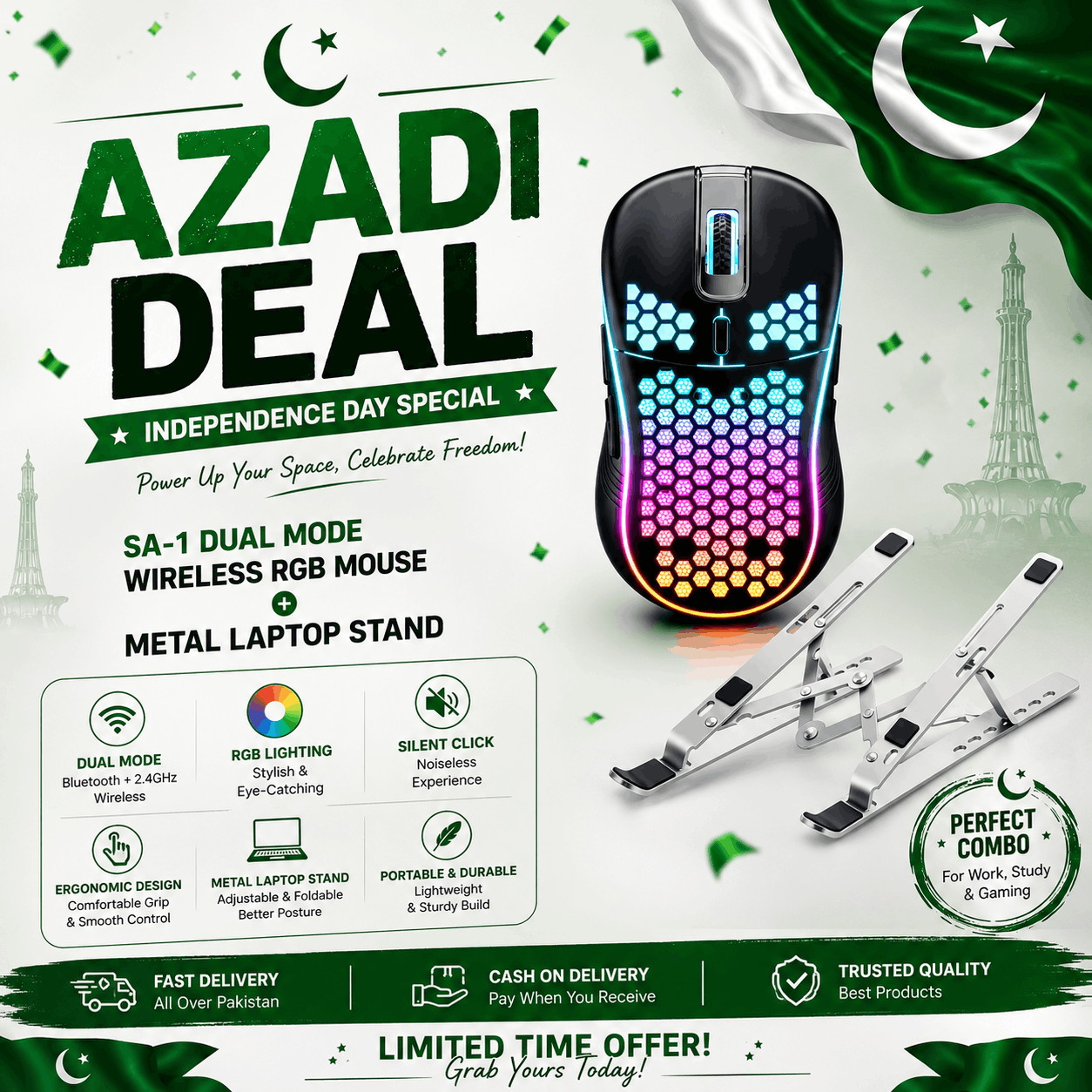 Azadi Deal - SA-1 Dual Mode Wireless RGB + Metal Laptop Stand Azadi Deal - SA-1 Dual Mode Wireless RGB + Metal Laptop Stand - Image 1