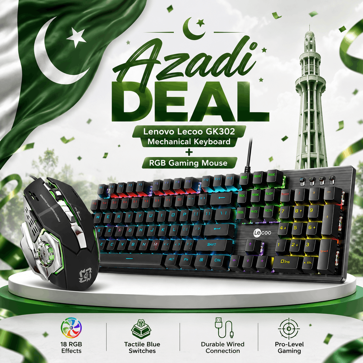 Azadi Deal – Lenovo Lecoo GK302 Mechanical Keyboard + RGB Gaming Mouse Azadi Deal – Lenovo Lecoo GK302 Mechanical Keyboard + RGB Gaming Mouse - Image 1