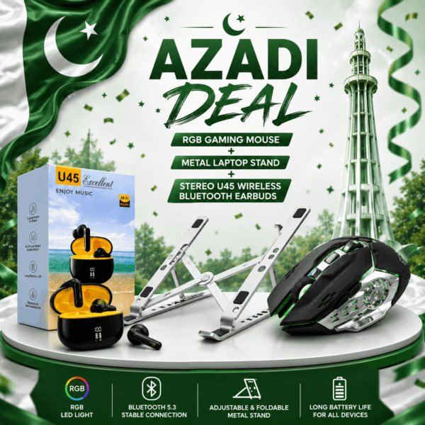 Azadi Deal – RGB Gaming Mouse + Metal Laptop Stand + STEREO U45 Wireless Bluetooth Earbuds